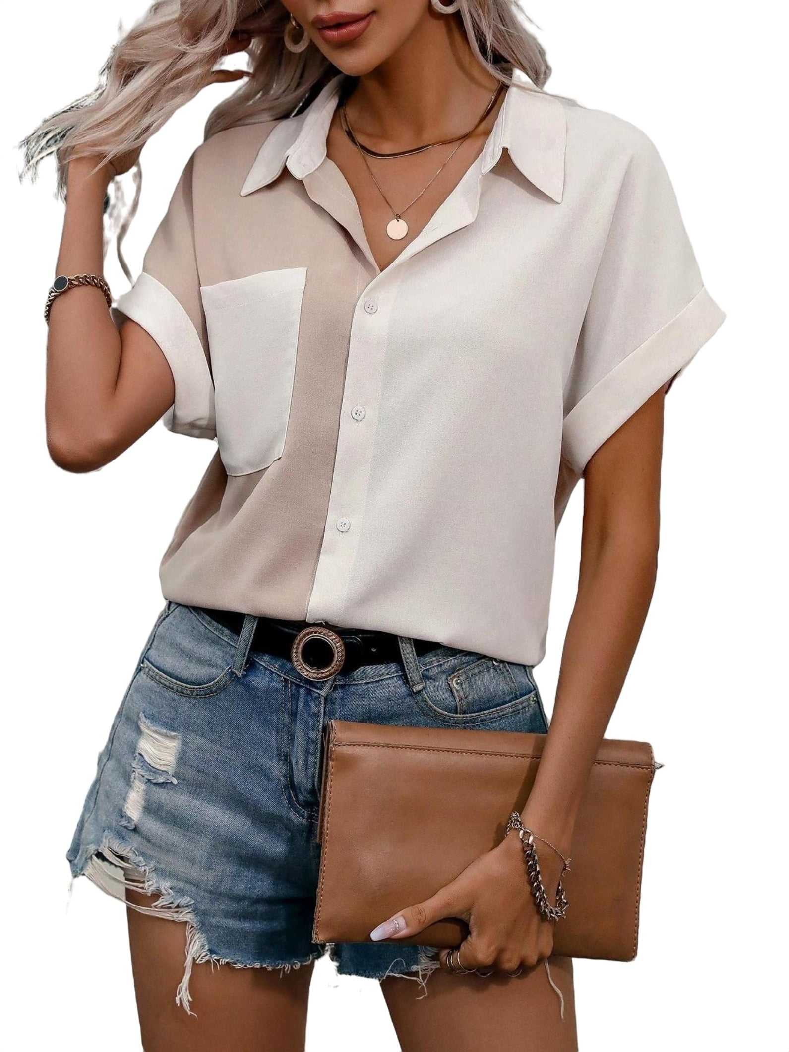 MOSHU Women's Swiss Dot Puff Sleeve V-Neck Blouse for Summer