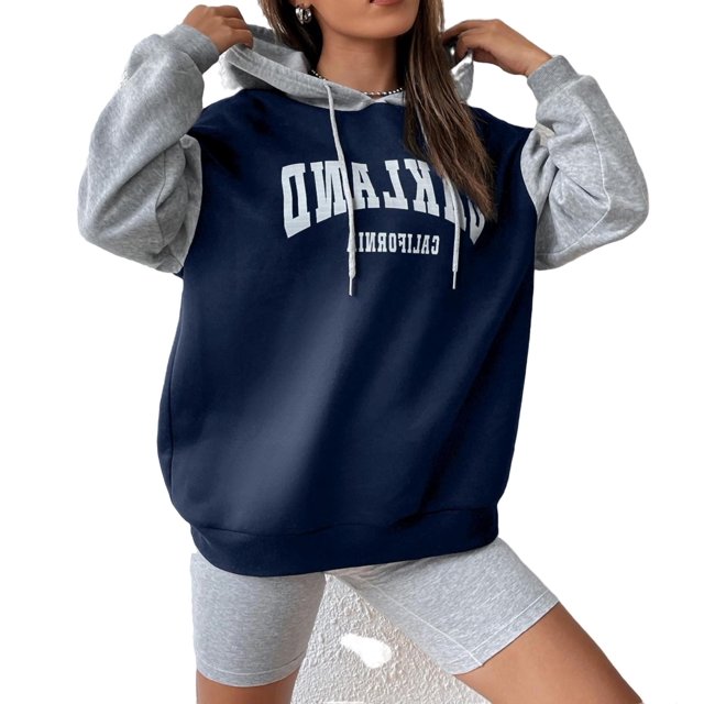 Casual Colorblock Hooded Pullover Navy Blue Women Sweatshirts