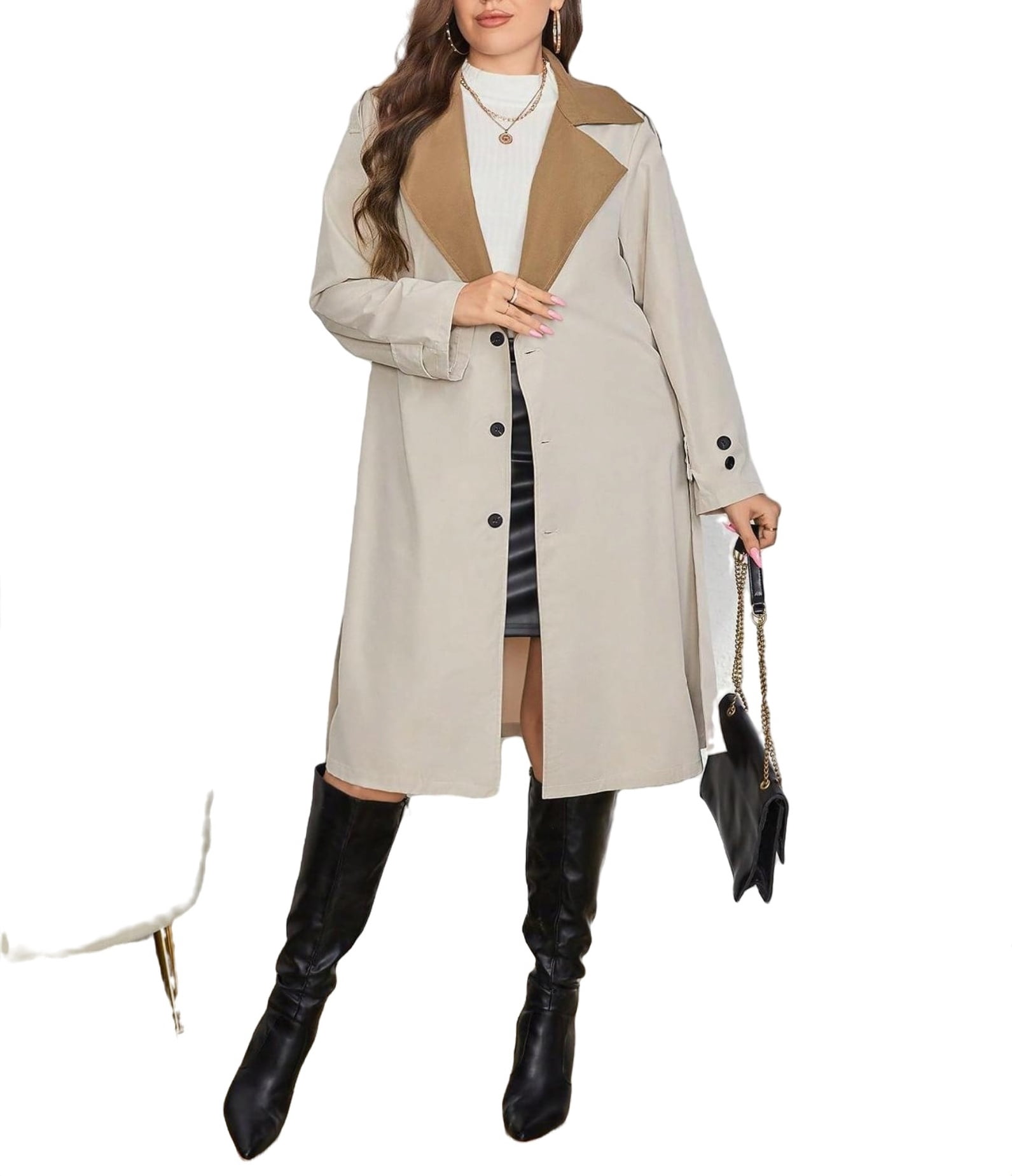 Casual Colorblock Lapel Neck Long Sleeve Apricot Plus Size Trench Coats (Women's)