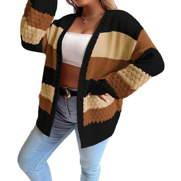 Casual Colorblock Long Sleeve Multicolor Plus Size Cardigans Women s Walmart