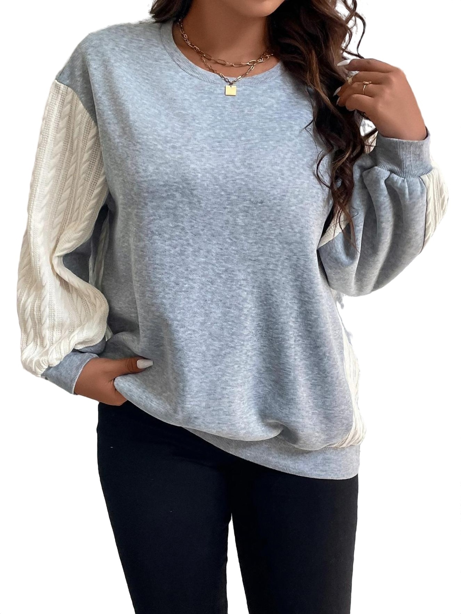 Casual Colorblock Pullovers Round Neck Light Grey Plus Size Sweatshirts ...