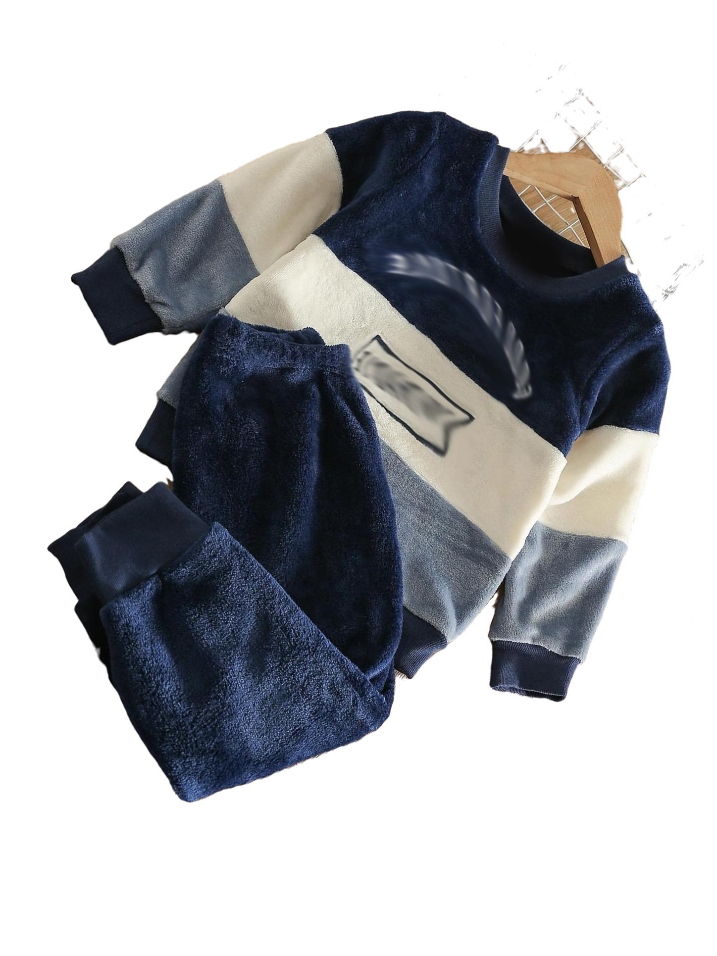 Casual Colorblock Round Neck Long Sleeve Navy Blue Toddler Boy Twopiece Outfits ( Boy's
