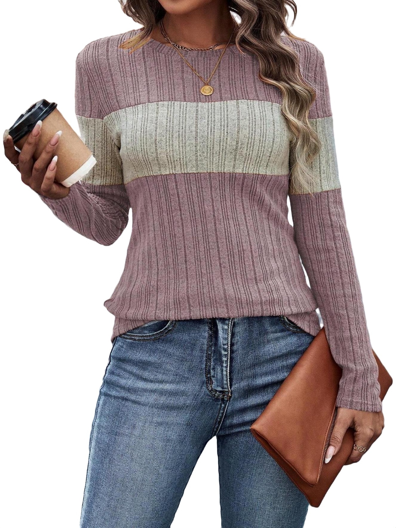 Pink Colorblock Casual Colorblock Round Neck Long Sleeve Pink Color Women T-Shirts ...
