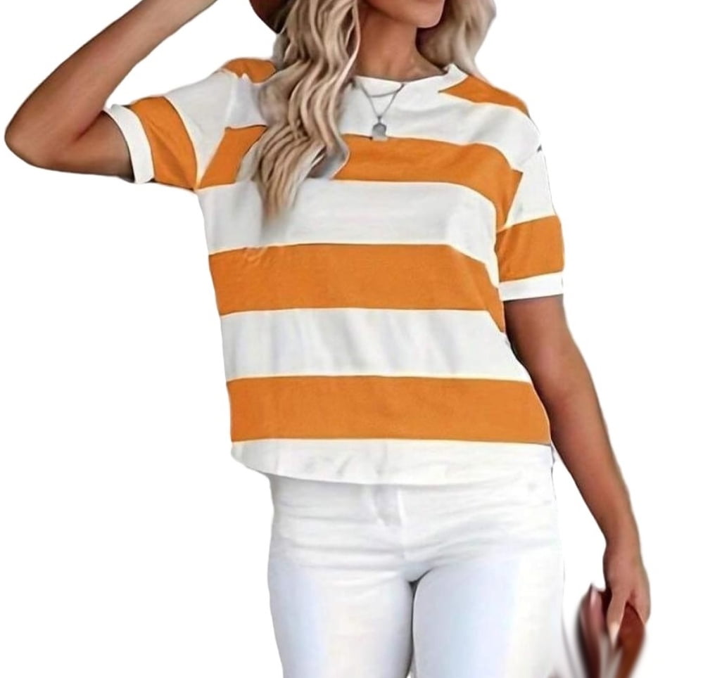 Womens T Shirts,Summer Stripe Print Round Neck Short Sleeve