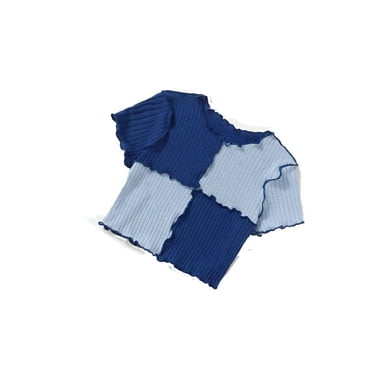 Casual Colorblock Round Neck Short Sleeve Blue Tween Girls T-Shirts (Girl's)