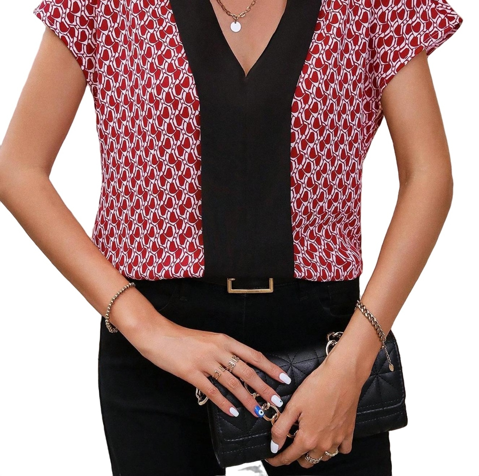 Casual Colorblock Top V neck Red Short Sleeve Women's Blouses XL (12 ...