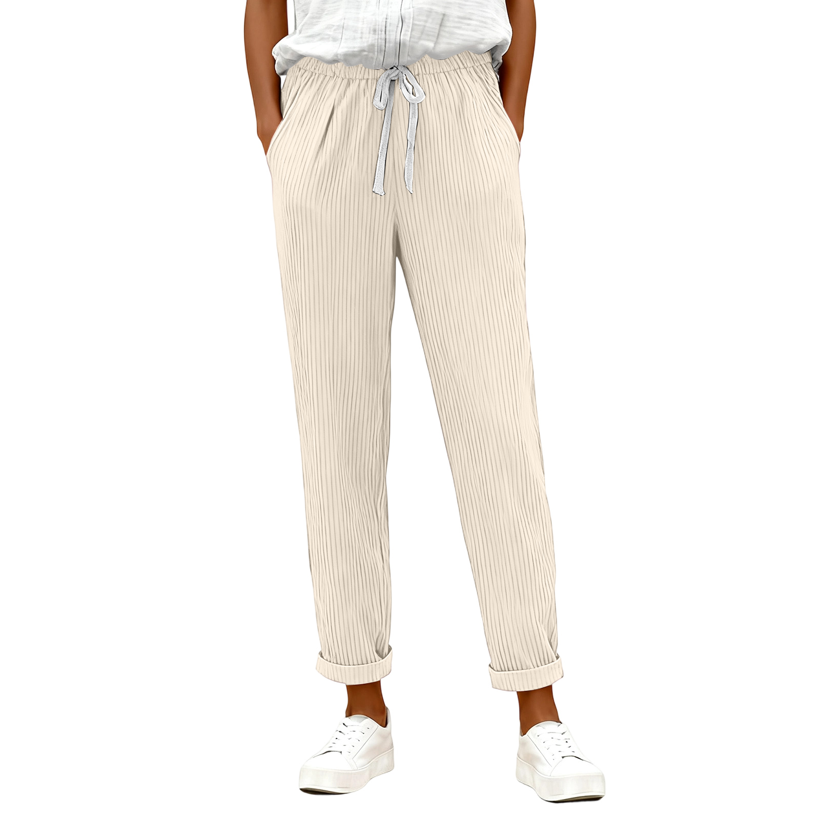 Casual Corduroy Pants for Women - Elastic High Waisted Drawstring Loose