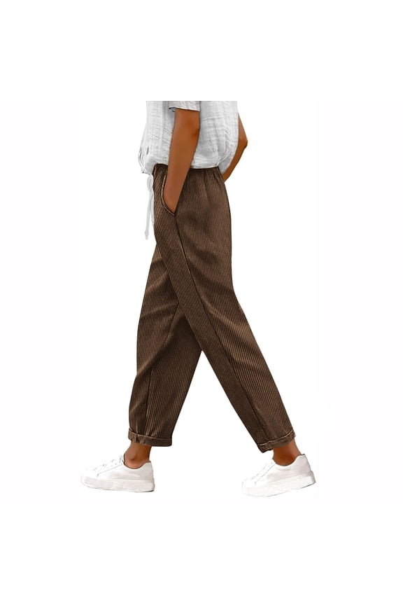 Casual Corduroy Pants for Women - Fall Winter Pull On Cropped Baggy Loose Fit Comfy Slacks Pant with Pockets
