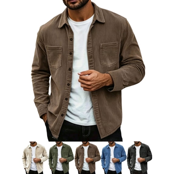 Casual Corduroy Shackets for Men Button Front Lapel Long Sleeve with Pockets Everyday Jacket