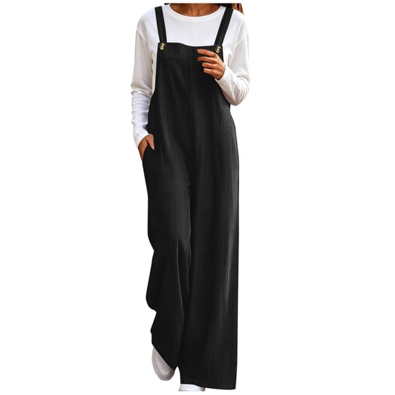 Casual Corduroy Wide Leg Overalls for Women Loose Fit Sleeveless Jumpsuits, Adjustable Straps, Fall Jumpers Black S(S)