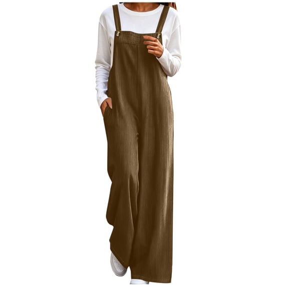 Casual Corduroy Wide Leg Overalls for Women Loose Fit Sleeveless Jumpsuits, Adjustable Straps, Fall Jumpers Brown S(S)