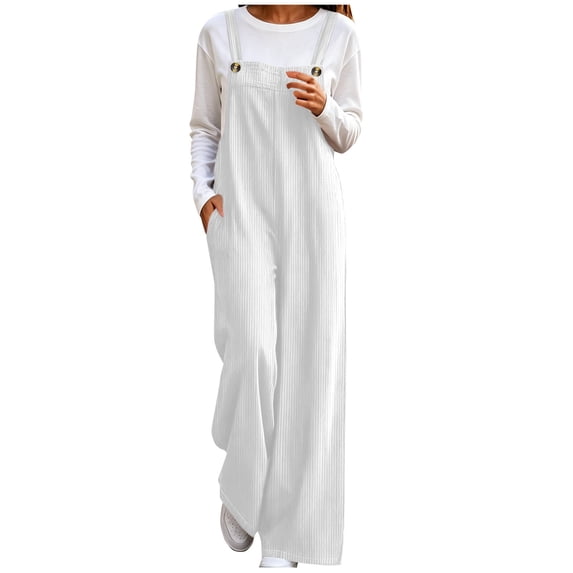 Casual Corduroy Wide Leg Overalls for Women Loose Fit Sleeveless Jumpsuits, Adjustable Straps, Fall Jumpers White XL(XL)
