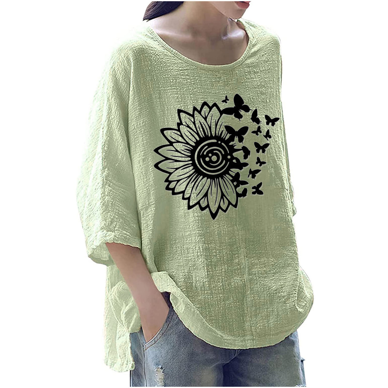 Casual Cotton and Linen 3/4 Sleeve Summer Tops for Women Sunflower Graphic  Loose Tunic Top Side Slit T Shirt Crewneck Blouses,Womens Oversized Linen  Shirts 2023 Clearance 