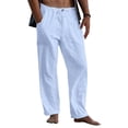 thumbnail image 1 of Casual Cotton Linen Pants for Men with Elastic Waist Drawstring Straight Leg Pants with Deep Pockets Linen Cotton Trousers Loose Fit Summer Beach Lightweight Lounge Pants,Blue M, 1 of 4