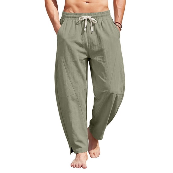 Casual Cotton Linen Pants for Men with Elastic Waist Drawstring Straight-Legs Pants with Deep Pockets Cotton Linen Long Pants Loose Fit Summer Yoga Beach Lightweight Linen Dress Trousers,Green 3XL