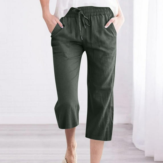 Casual Cotton Linen Pants for Women Summer Wide Leg Capris Drawstring Elastic High Waisted Cropped Trousers with Pockets