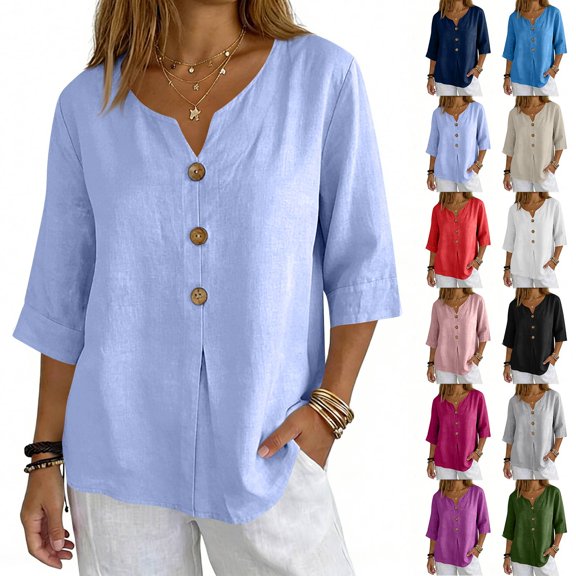 Casual Cotton Linen Shirts for Women Button Down Dress Shirt 3/4 Sleeve Boho Vacation Solid Blouses Loose Trendy Summer Light Blue 2XL