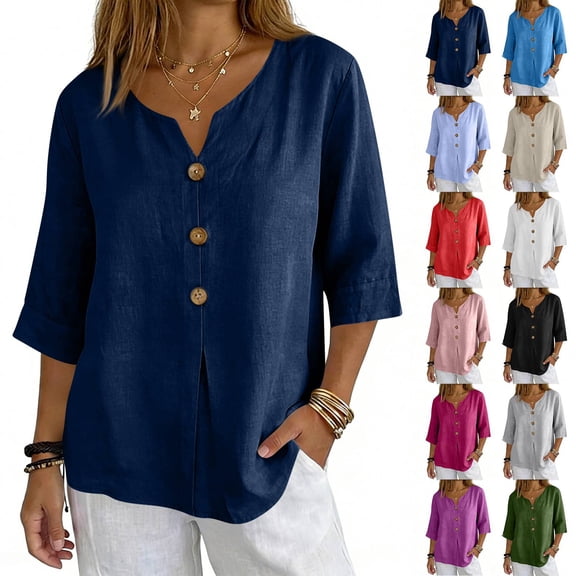 Casual Cotton Linen Shirts for Women Button Down Dress Shirt 3/4 Sleeve Boho Vacation Solid Blouses Loose Trendy Summer Navy XL