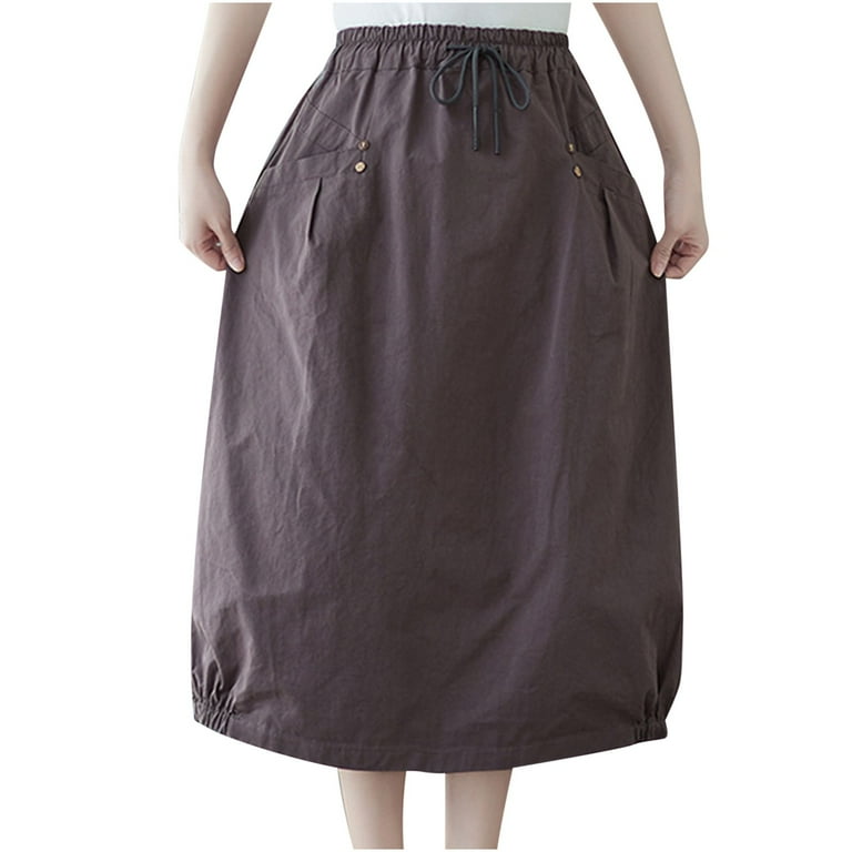 Casual Cotton Linen Skirts for Women Elastic Waist Midi Skirt