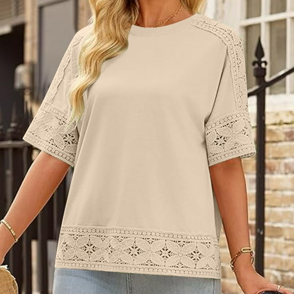 Casual Cotton Linen Tshirts Shirts for Women Hollow Out Crochet Lace Trim 3/4 Sleeve Tops Spring Summer Loose T Shirts