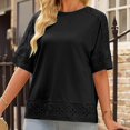 thumbnail image 1 of Casual Cotton Linen Tshirts Shirts for Women Hollow Out Crochet Lace Trim 3/4 Sleeve Tops Spring Summer Loose T Shirts, 1 of 6