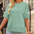 thumbnail image 1 of Casual Cotton Linen Tshirts Shirts for Women Hollow Out Crochet Lace Trim 3/4 Sleeve Tops Spring Summer Loose T Shirts, 1 of 6