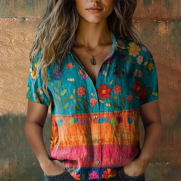 Casual Cotton Printed Shirts, Button Down, Short Sleeve, Fashion Tops, Bubble Wrinkles, Orange M, Size S-XXXXXL