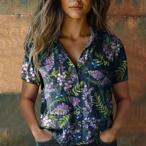 Casual Cotton Shirt Printed Fashion Down Tops Short Sleeve Blouse, Blue M, Size S-XXXXXL