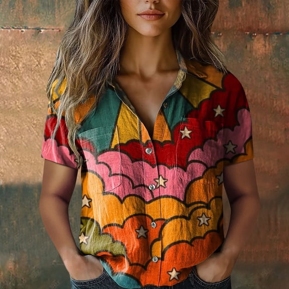 Casual Cotton Shirt Printed Fashion Down Tops Short Sleeve Blouse, Orange 3XL, Size S-XXXXXL