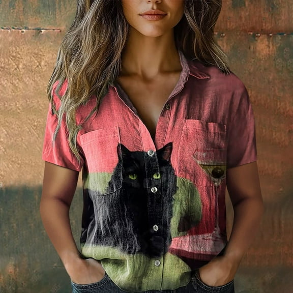 Casual Cotton Shirt Printed Fashion Down Tops Short Sleeve Blouse, Pink XL, Size S-XXXXXL