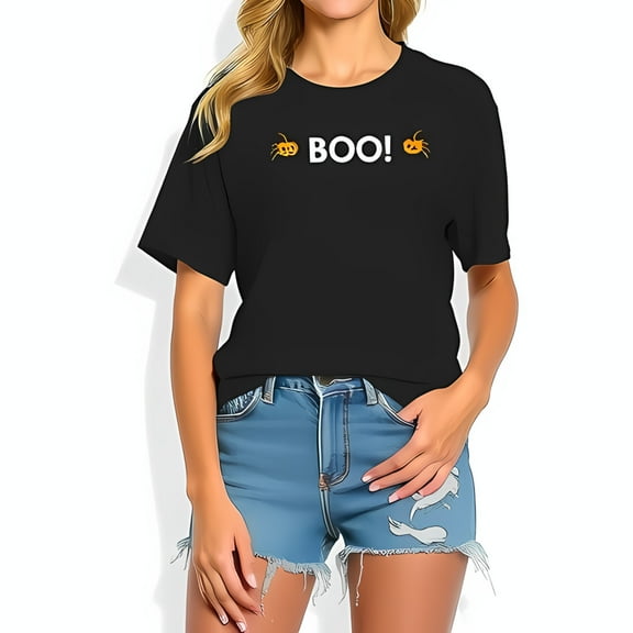 Casual Cotton Short Sleeve T-Shirt with 'BOO ' Graphic and Pumpkin Designs - Perfect for Halloween Festivities
