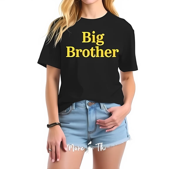 Casual Cotton Short Sleeve T-Shirt with Bold Yellow 'Big Brother' Lettering - Trendy Black Tee for Youthful Style