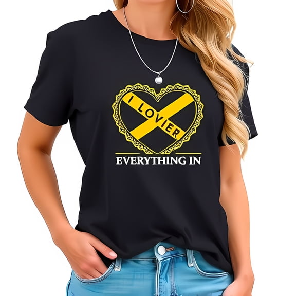 Casual Cotton Short Sleeve T-Shirt with Eye-Catching Yellow and Black Heart Graphic " I LOVIER " Design