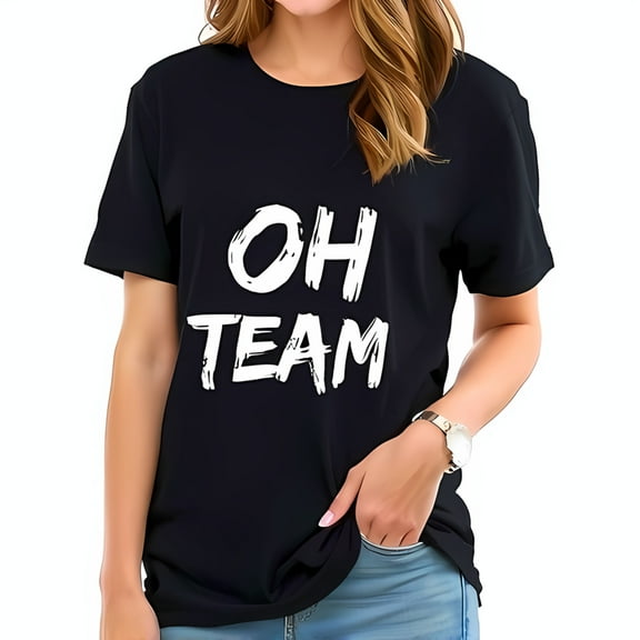 Casual Cotton Short Sleeve T-Shirt with Playful 'OH TEAM' Hand-Painted Design - Perfect for Team and Group Activities