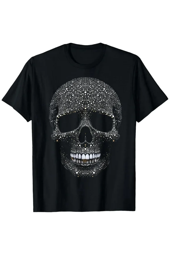 Casual Cotton T-Shirt with Crystal Skull Tee – Intricate Rhinestone Gothic Design Short Sleeves - Teeshirts,Graphic Tees Stream Elements Shirt,Graphic Tees Stream Elements Shir Gra