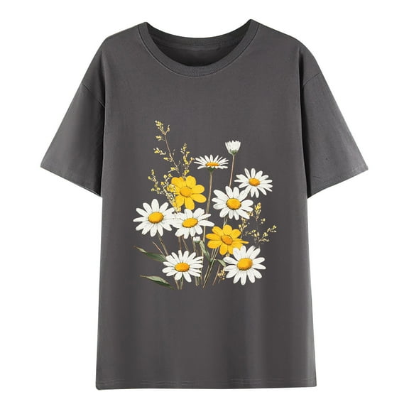 Casual Cotton T-Shirts Womens Loose Short Sleeve Daisy Floral Print Crew Neck Tees Cute Summer Tops (2XL, Gray)