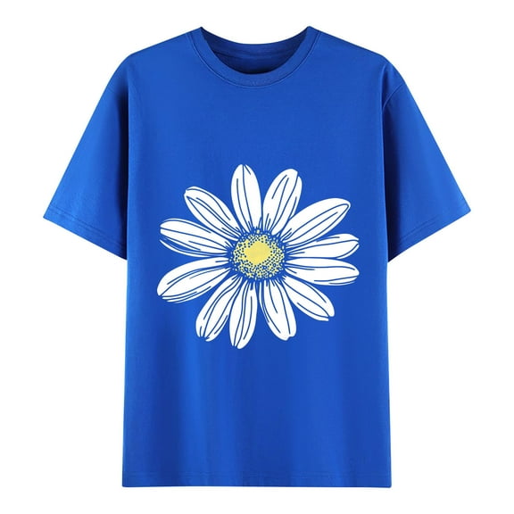 Casual Cotton T-Shirts Womens Loose Short Sleeve Daisy Floral Print Crew Neck Tees Cute Summer Tops (L, Blue A)