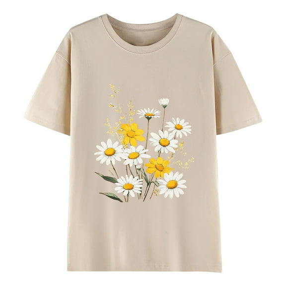 Casual Cotton T-Shirts Womens Loose Short Sleeve Daisy Floral Print Crew Neck Tees Cute Summer Tops (S, Khaki)