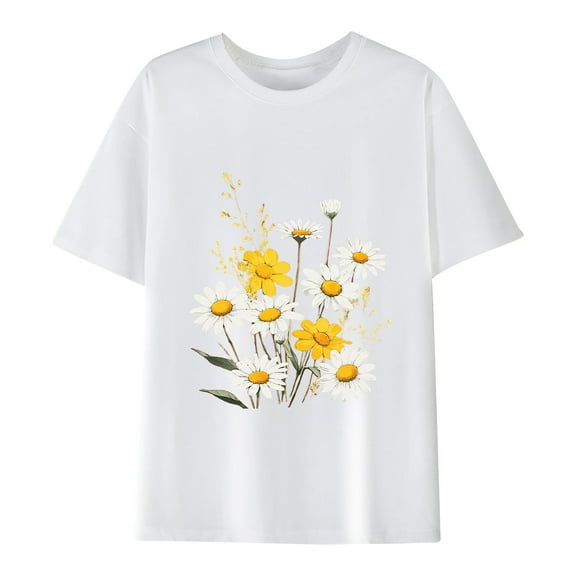 Casual Cotton T-Shirts Womens Loose Short Sleeve Daisy Floral Print Crew Neck Tees Cute Summer Tops (S, White)