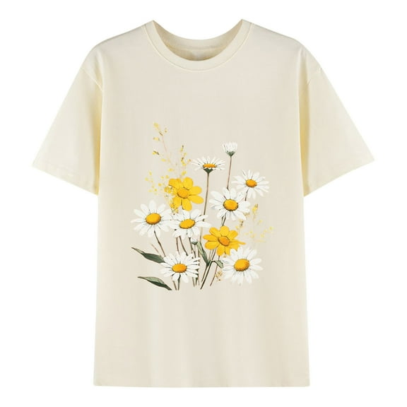 Casual Cotton T-Shirts Womens Loose Short Sleeve Daisy Floral Print Crew Neck Tees Cute Summer Tops (XL, Beige)