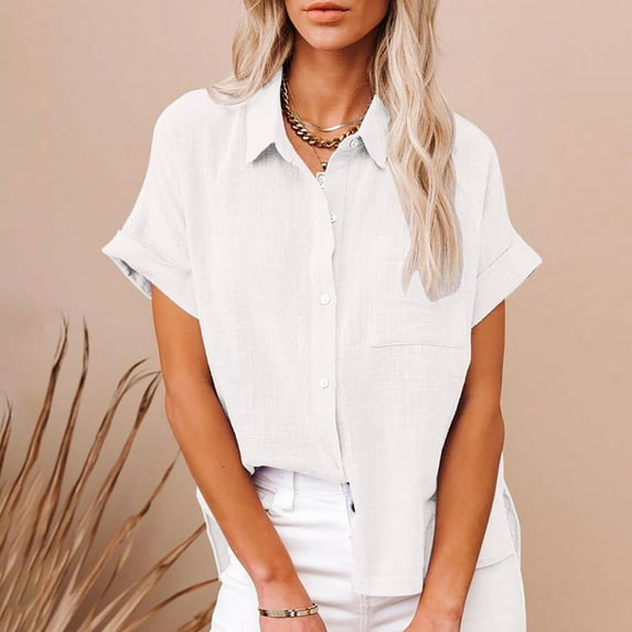 Casual Cotton and Linen Button Down Shirts for Women Lapel V Neck Short Sleeve Summer Blouse Top Plain Tees with Pocket Plus Size,S-5XL