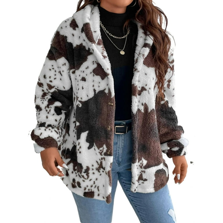 Casual Cow Pattern Hooded Long Sleeve Multicolor Plus Size Coats Women s Plus