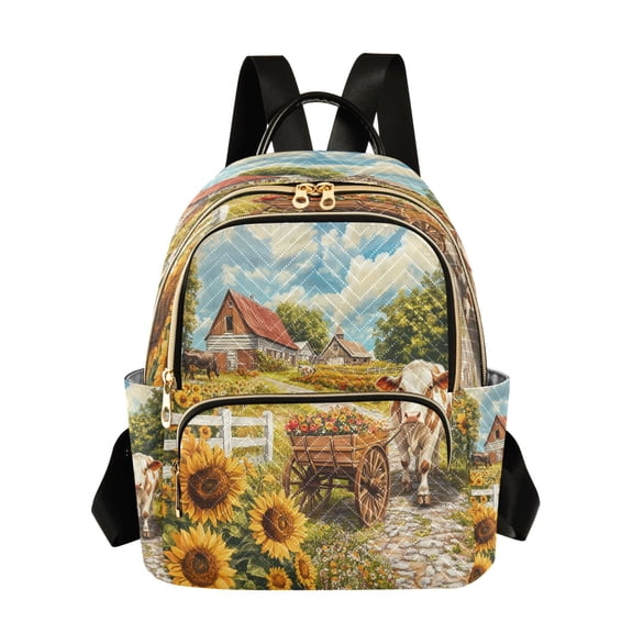 Casual Cow Pulling Flower Cart Backpack for School,College and Travel, Water Resistant Bookbag,