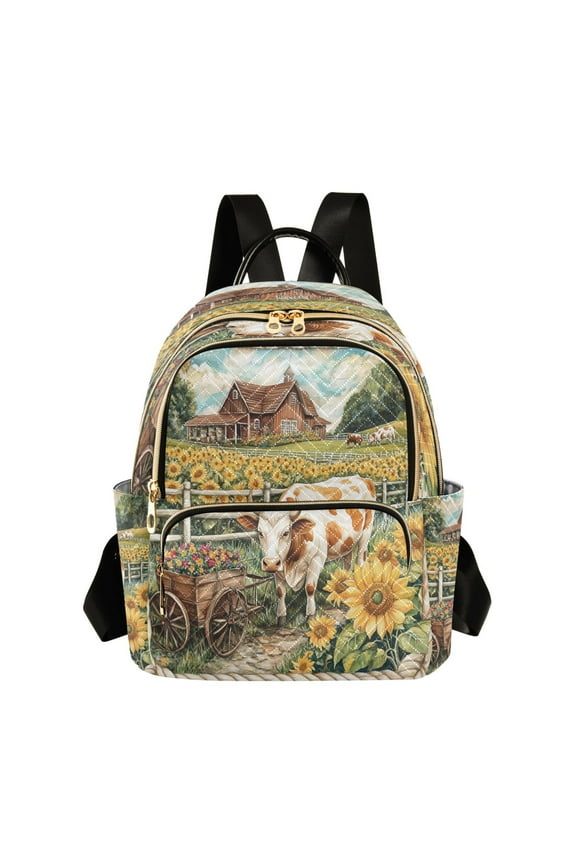 Casual Cow with Cart in Sunflower Field Backpack for School,College and Travel, Water Resistant Bookbag,