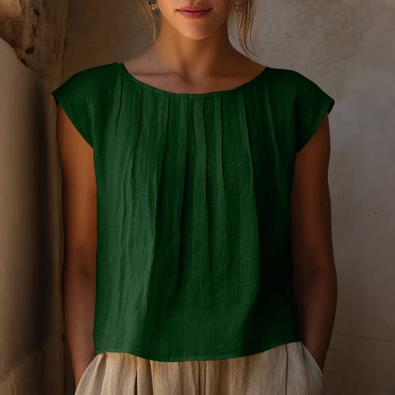 Casual Crew Neck Linen Cotton Loose Fit Solid Color Spring & Summer Tops Women's, Womens Tops Casual Blouses Daily Wear Casual Outfits Perfect For Casual Daily Wear And V