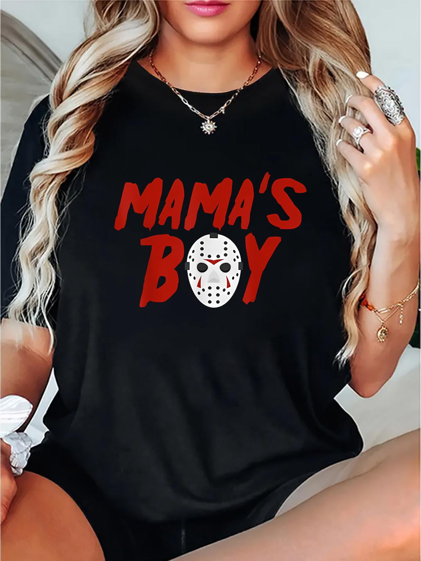 Casual Crew Neck T-Shirt for Women with "Mama's Boy" Geometric Jason ...
