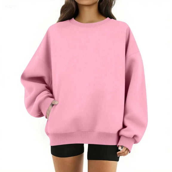 Casual Crewneck Pullover Sweatshirt for Women Oversized Loose Long Sleeve Top Solid Color Round Neck Fashion Clothing for Autumn Winter Pink