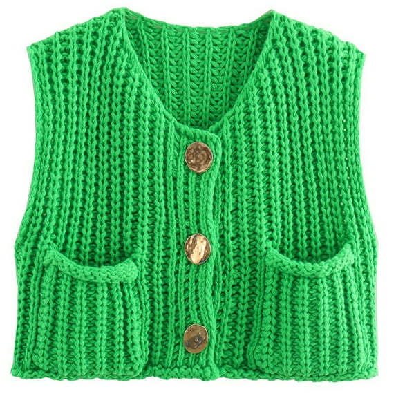 Casual Crewneck Sleeveless Crop Sweater Vest For Women With Button Front And Pockets Fashion Cardigan Knitwear