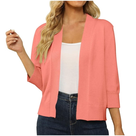 Casual Crop Open Front Knit Cardigan 3/4 Sleeve Cropped Cardigan Basic Sweater Jacket for Womens with Plus Size