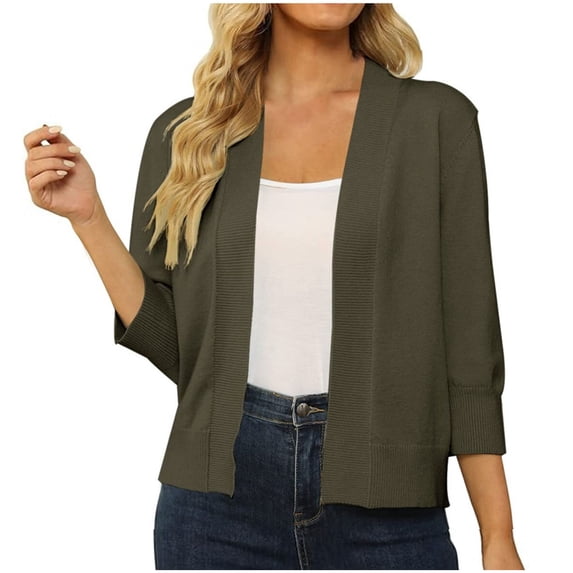 Casual Crop Open Front Knit Cardigan 3/4 Sleeve Cropped Cardigan Basic Sweater Jacket for Womens with Plus Size